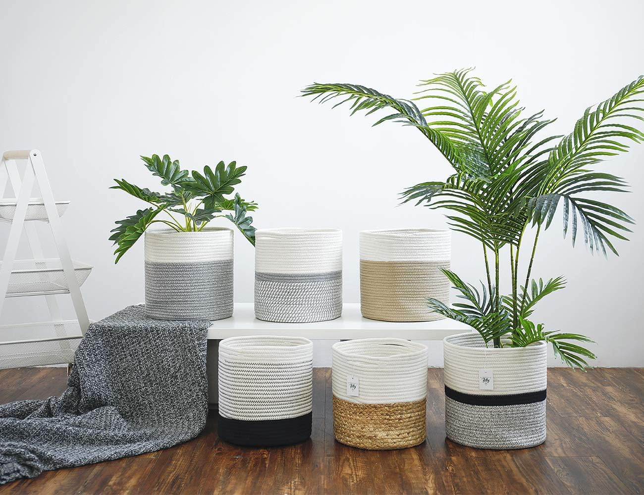 700902 Cotton Rope Woven Plant Basket Modern Woven Basket for 10" Flower Pot Floor Indoor Planters, Storage Organizer Basket Rustic Home Decor, White Grey Stripes 11"X 11"