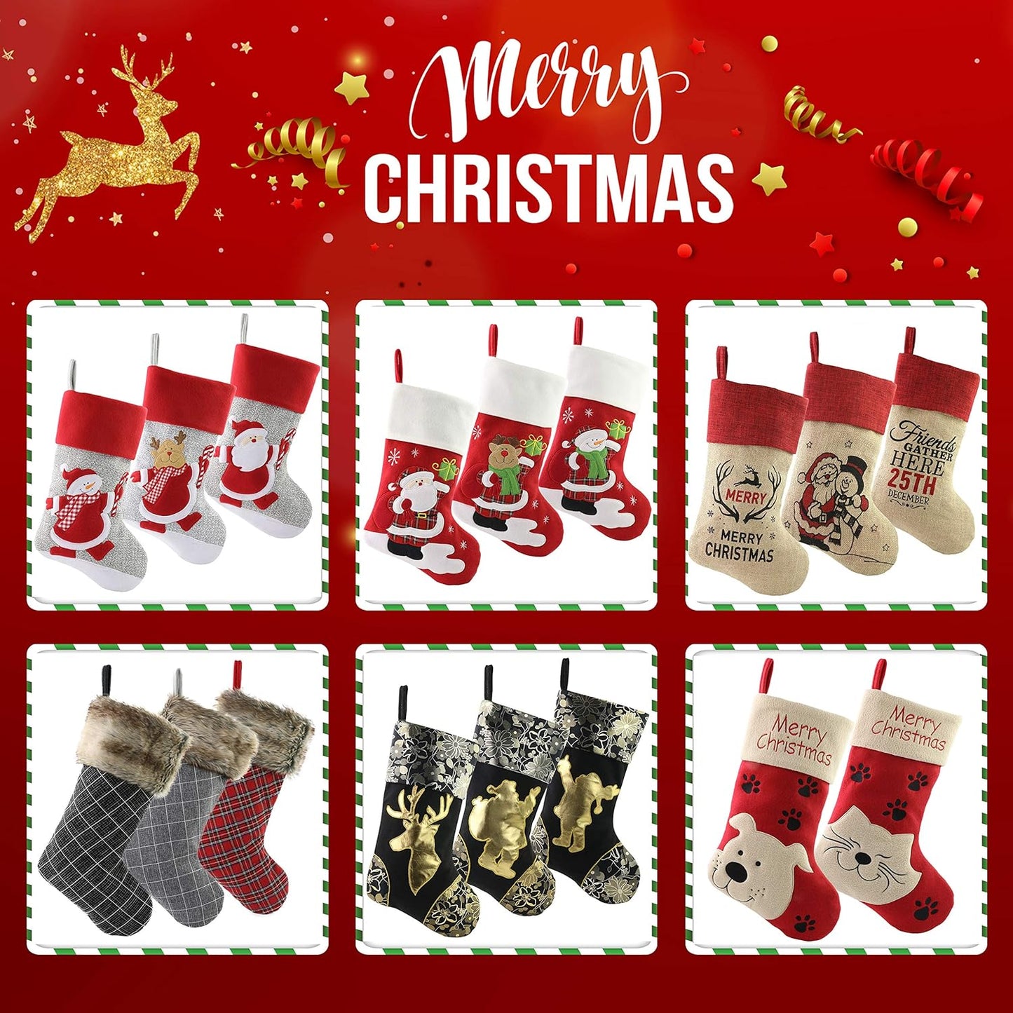 18’’ Cat Felt Christmas Stockings Paws Embroidered for Pets Kitty Red Xmas Stocking Gift Bag Cuff Lovely Home Holiday Decoration
