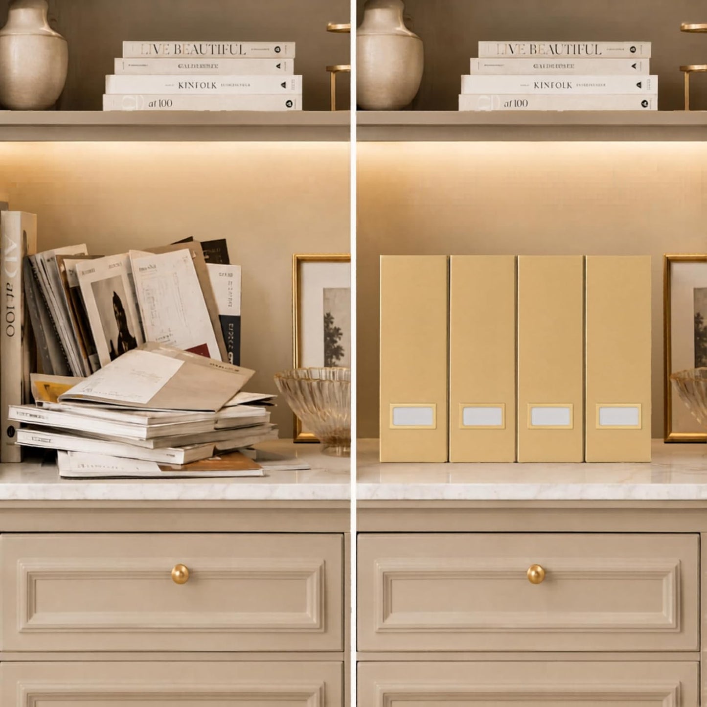 | Gold Cardboard Magazine File Holder Set of 4 | Vertical Magazine File Holder for Shelves | Standing File Holder Desk Organizer
