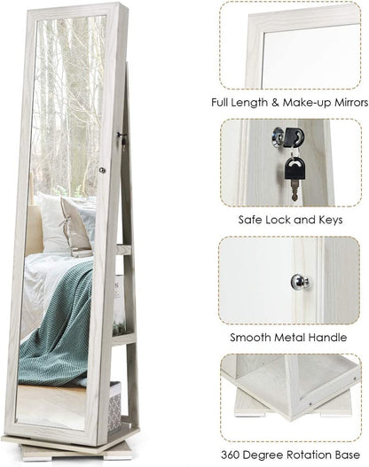 360° Swivel Jewelry Armoire with Higher Full Length Mirror & inside Makeup Mirror, Standing Lockable Jewelry Cabinet Organizer, Large Capacity, Back Storage Shelves (Grayish White)