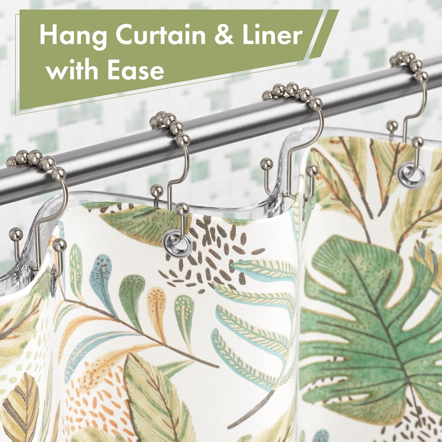 Shower Curtain Hooks, 12PCS Rust-Resistant Metal Double Shower Curtain Rings for Curtain Rolling Shower Hooks, Shower Rings for Bathroom Shower Curtain Rod, Nickel