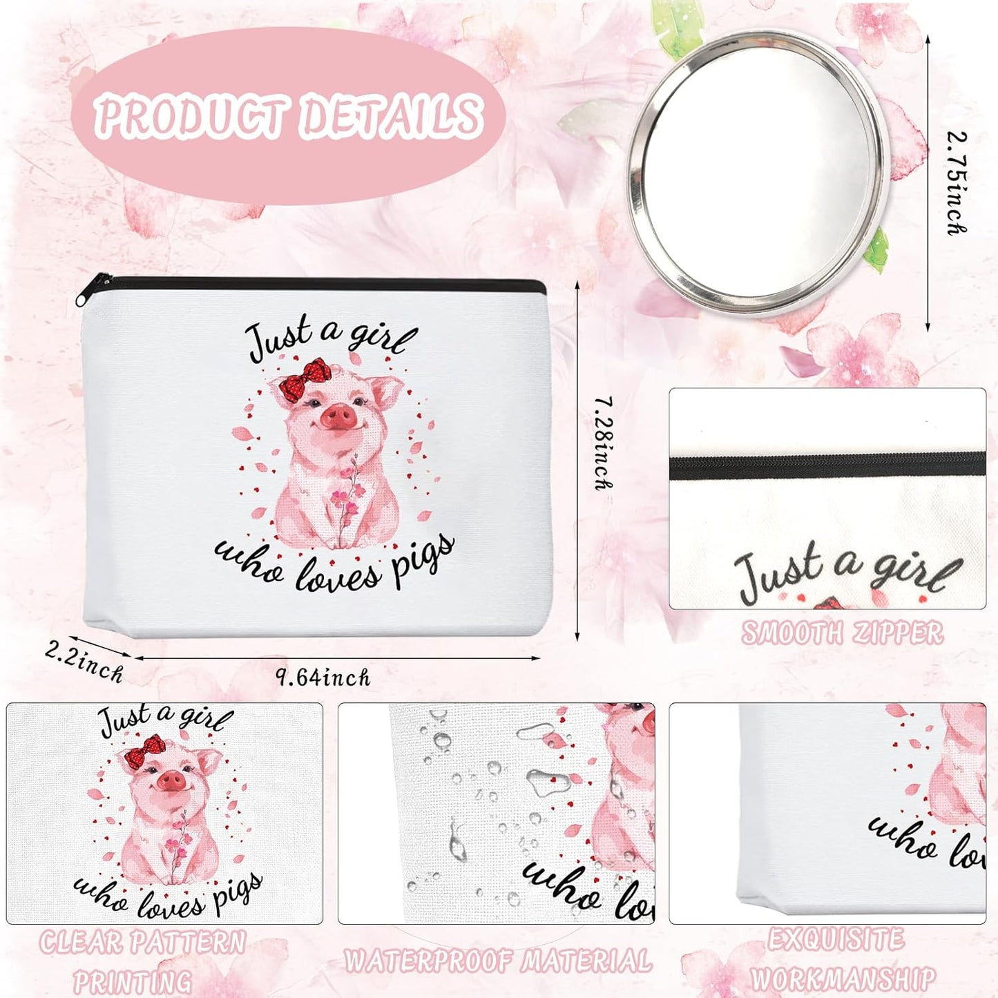 Pig Gifts for Pig Lovers, Travel  Portable Makeup Zipper Pouch, Cute Pig Socks, Pigs Writing Gel Ink Pen & Mini round Mirror, Christmas, Thanksgiving, Birthday Gifts for Girls Women