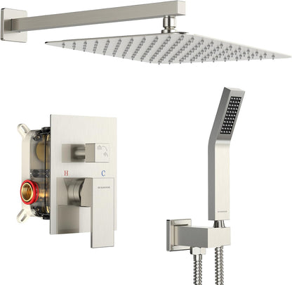 12 Inches Bathroom Luxury Rain Mixer Shower Combo Set Wall Mounted Rainfall Shower Head System Brushed Nickel Finish Shower Faucet Rough-In