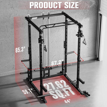 Multi-Function Garage & Home Gym Package Includes 1200LBS Power Cage PPC03/P3 with Cable Crossover System, Weight Bench, Olympic Barbell Weight Set, Full Body Workout