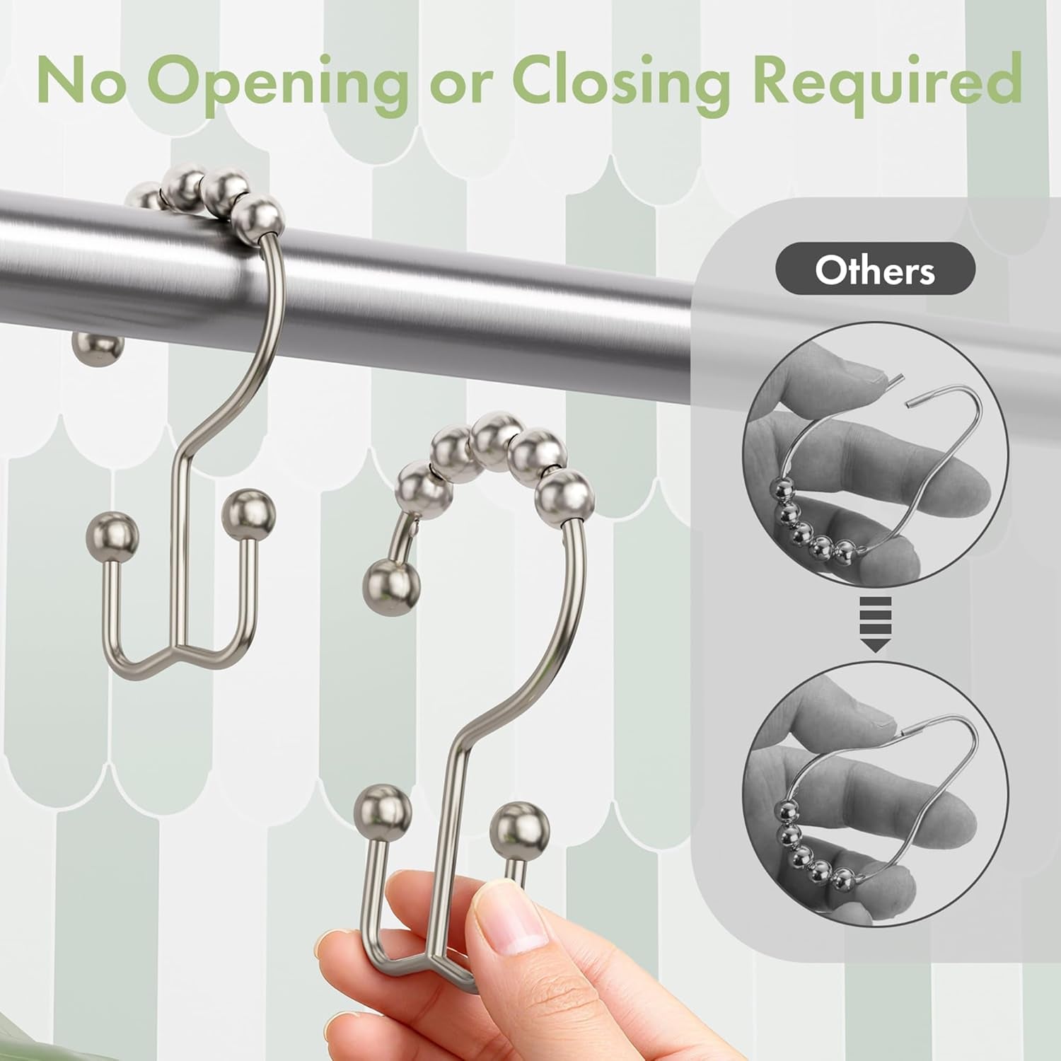 Shower Curtain Hooks, 12PCS Rust-Resistant Metal Double Shower Curtain Rings for Curtain Rolling Shower Hooks, Shower Rings for Bathroom Shower Curtain Rod, Nickel