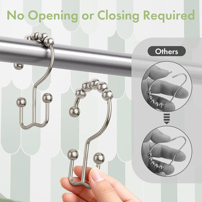 Shower Curtain Hooks, 12PCS Rust-Resistant Metal Double Shower Curtain Rings for Curtain Rolling Shower Hooks, Shower Rings for Bathroom Shower Curtain Rod, Nickel