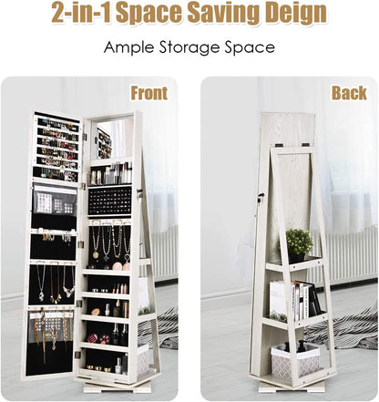 360° Swivel Jewelry Armoire with Higher Full Length Mirror & inside Makeup Mirror, Standing Lockable Jewelry Cabinet Organizer, Large Capacity, Back Storage Shelves (Grayish White)
