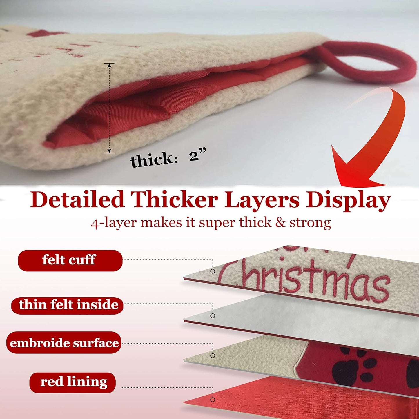 18’’ Cat Felt Christmas Stockings Paws Embroidered for Pets Kitty Red Xmas Stocking Gift Bag Cuff Lovely Home Holiday Decoration