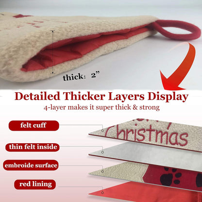 18’’ Cat Felt Christmas Stockings Paws Embroidered for Pets Kitty Red Xmas Stocking Gift Bag Cuff Lovely Home Holiday Decoration