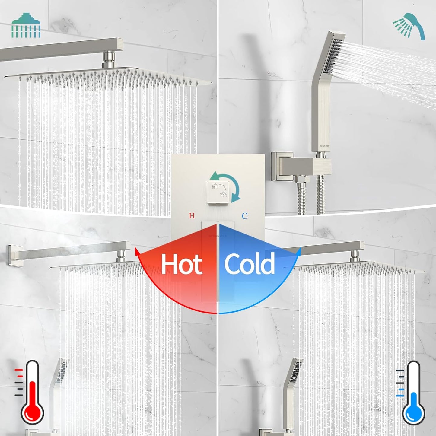 12 Inches Bathroom Luxury Rain Mixer Shower Combo Set Wall Mounted Rainfall Shower Head System Brushed Nickel Finish Shower Faucet Rough-In