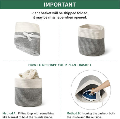 700902 Cotton Rope Woven Plant Basket Modern Woven Basket for 10" Flower Pot Floor Indoor Planters, Storage Organizer Basket Rustic Home Decor, White Grey Stripes 11"X 11"
