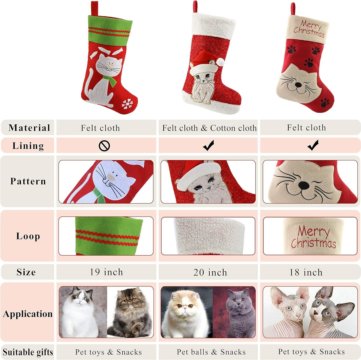 18’’ Cat Felt Christmas Stockings Paws Embroidered for Pets Kitty Red Xmas Stocking Gift Bag Cuff Lovely Home Holiday Decoration