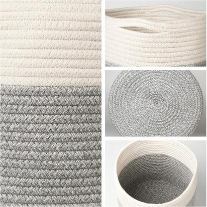 700902 Cotton Rope Woven Plant Basket Modern Woven Basket for 10" Flower Pot Floor Indoor Planters, Storage Organizer Basket Rustic Home Decor, White Grey Stripes 11"X 11"