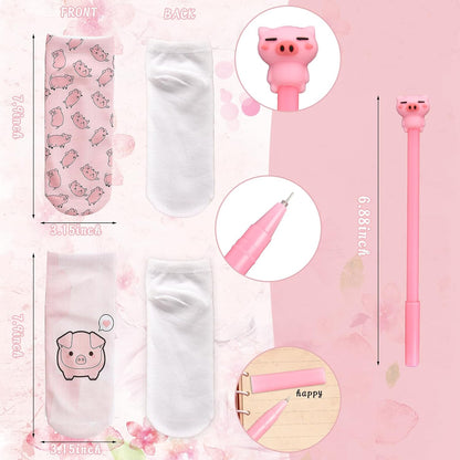 Pig Gifts for Pig Lovers, Travel  Portable Makeup Zipper Pouch, Cute Pig Socks, Pigs Writing Gel Ink Pen & Mini round Mirror, Christmas, Thanksgiving, Birthday Gifts for Girls Women