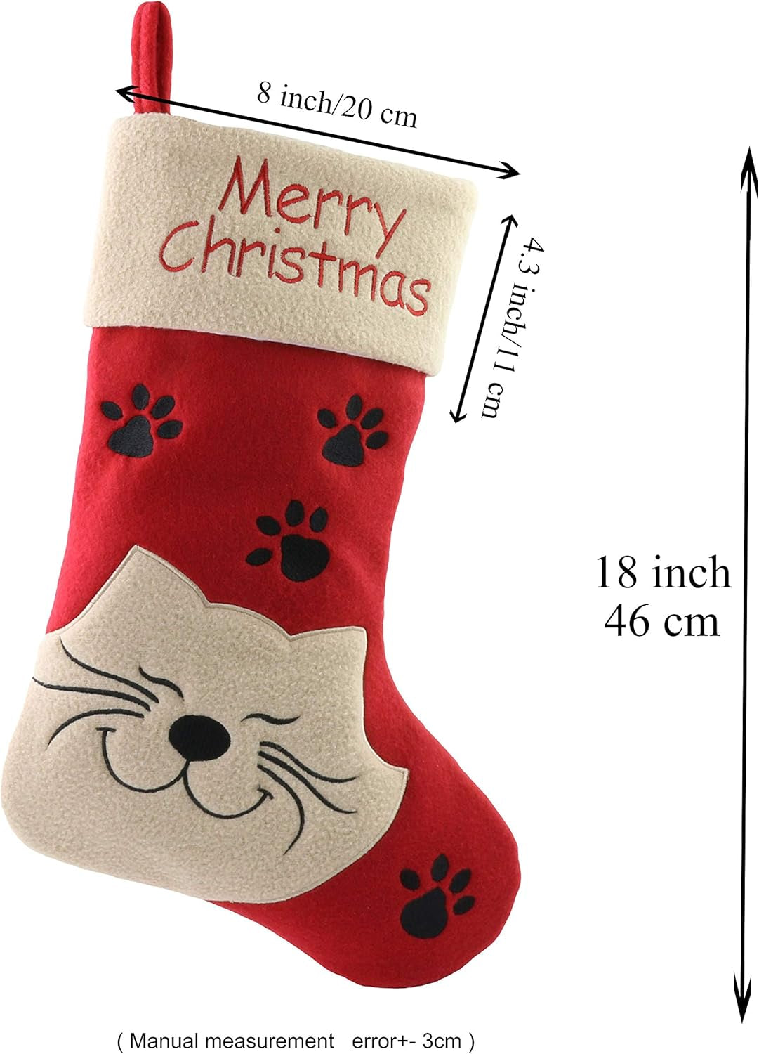 18’’ Cat Felt Christmas Stockings Paws Embroidered for Pets Kitty Red Xmas Stocking Gift Bag Cuff Lovely Home Holiday Decoration