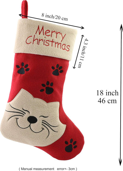 18’’ Cat Felt Christmas Stockings Paws Embroidered for Pets Kitty Red Xmas Stocking Gift Bag Cuff Lovely Home Holiday Decoration