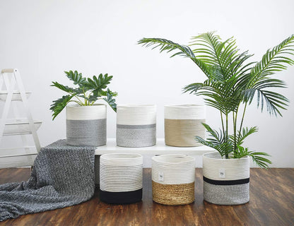 700902 Cotton Rope Woven Plant Basket Modern Woven Basket for 10" Flower Pot Floor Indoor Planters, Storage Organizer Basket Rustic Home Decor, White Grey Stripes 11"X 11"