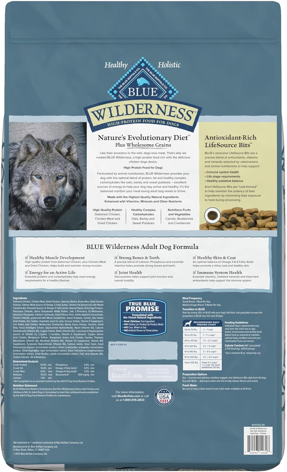 Wilderness with Chicken High Protein & Wholesome Grains Dry Dog Food for Adult Dogs, 34% Protein, Supports Immunity with Antioxidant-Rich Lifesource Bits, 24 Lbs.
