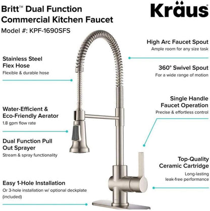 Britt Commercial Style Spot Free Stainless Steel Pre-Rinse Kitchen Faucet with Deck Plate, KPF-1690SFS