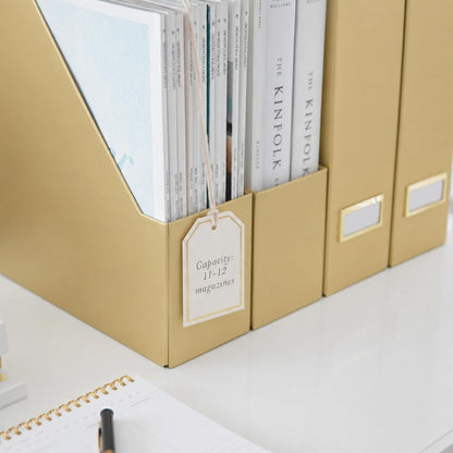 | Gold Cardboard Magazine File Holder Set of 4 | Vertical Magazine File Holder for Shelves | Standing File Holder Desk Organizer