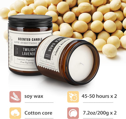 Candles for Home Scented, Scented Candles, Twilight Lavender and Sea Sage, 14.4 Oz- Pack of 2 with Amber Glass Jars Package, 100 Hour Burn Time, Soy Candles for Ideal Gifts for Various Festivals