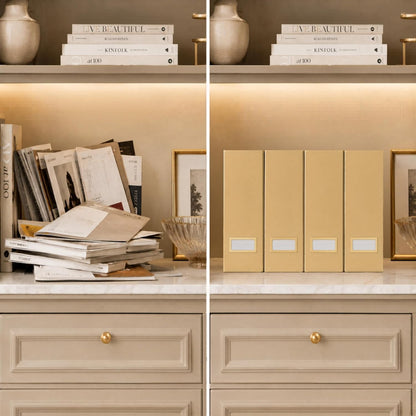 | Gold Cardboard Magazine File Holder Set of 4 | Vertical Magazine File Holder for Shelves | Standing File Holder Desk Organizer