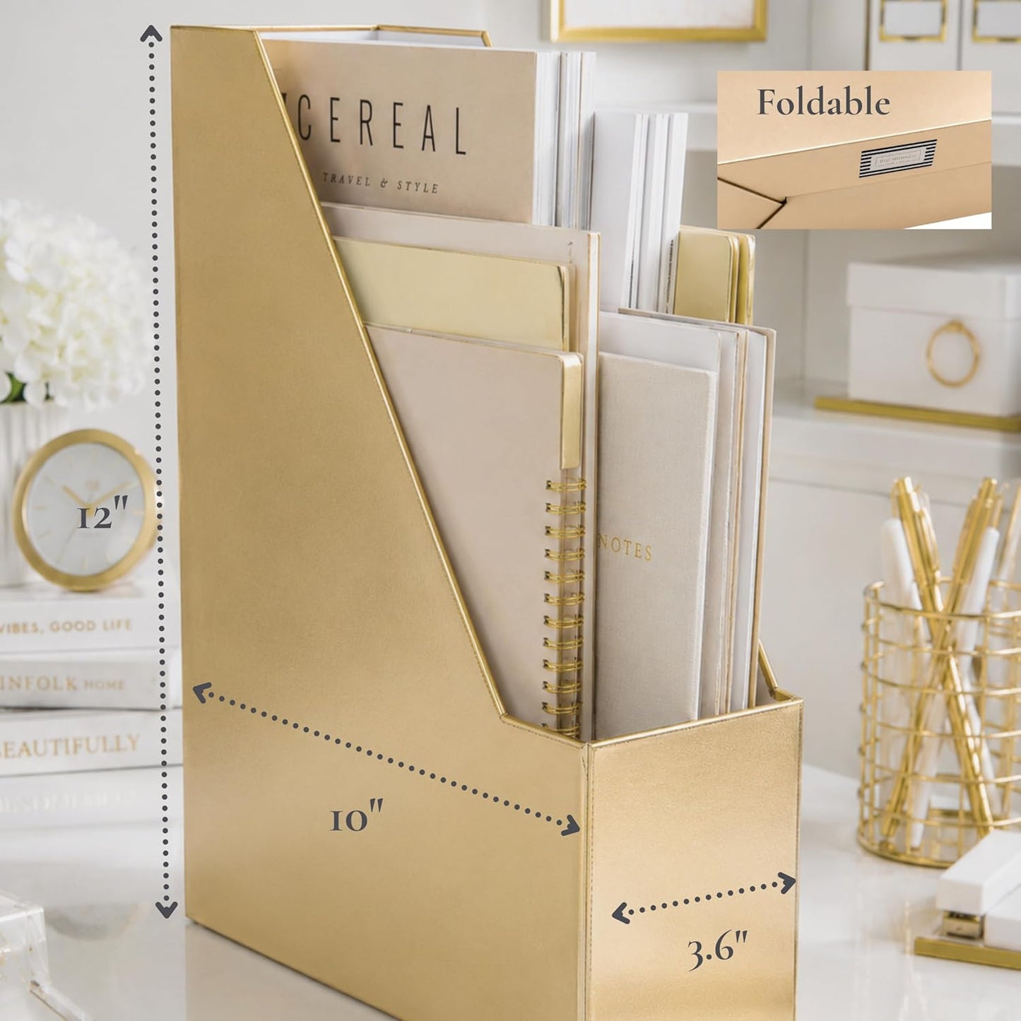 | Gold Cardboard Magazine File Holder Set of 4 | Vertical Magazine File Holder for Shelves | Standing File Holder Desk Organizer