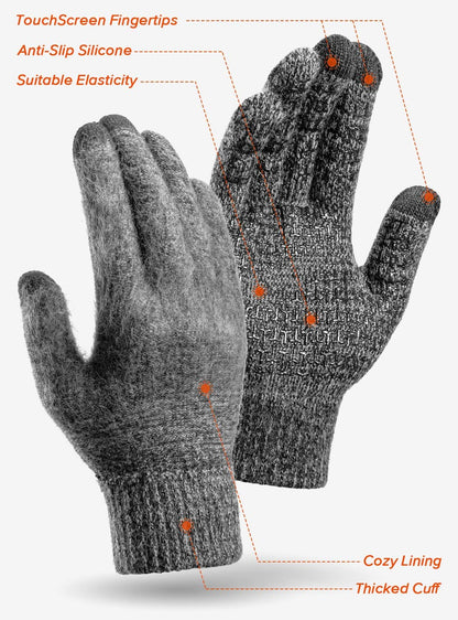 Merino Wool Winter Gloves for Men Women, Cold Weather Warm Touchscreen Unisex, Non-Slip, Knit Elastic Cuff