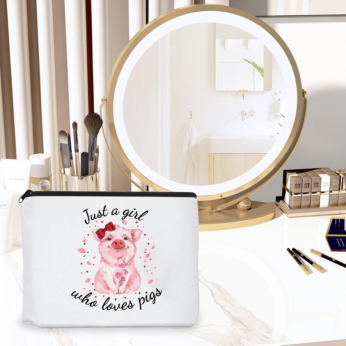 Pig Gifts for Pig Lovers, Travel  Portable Makeup Zipper Pouch, Cute Pig Socks, Pigs Writing Gel Ink Pen & Mini round Mirror, Christmas, Thanksgiving, Birthday Gifts for Girls Women