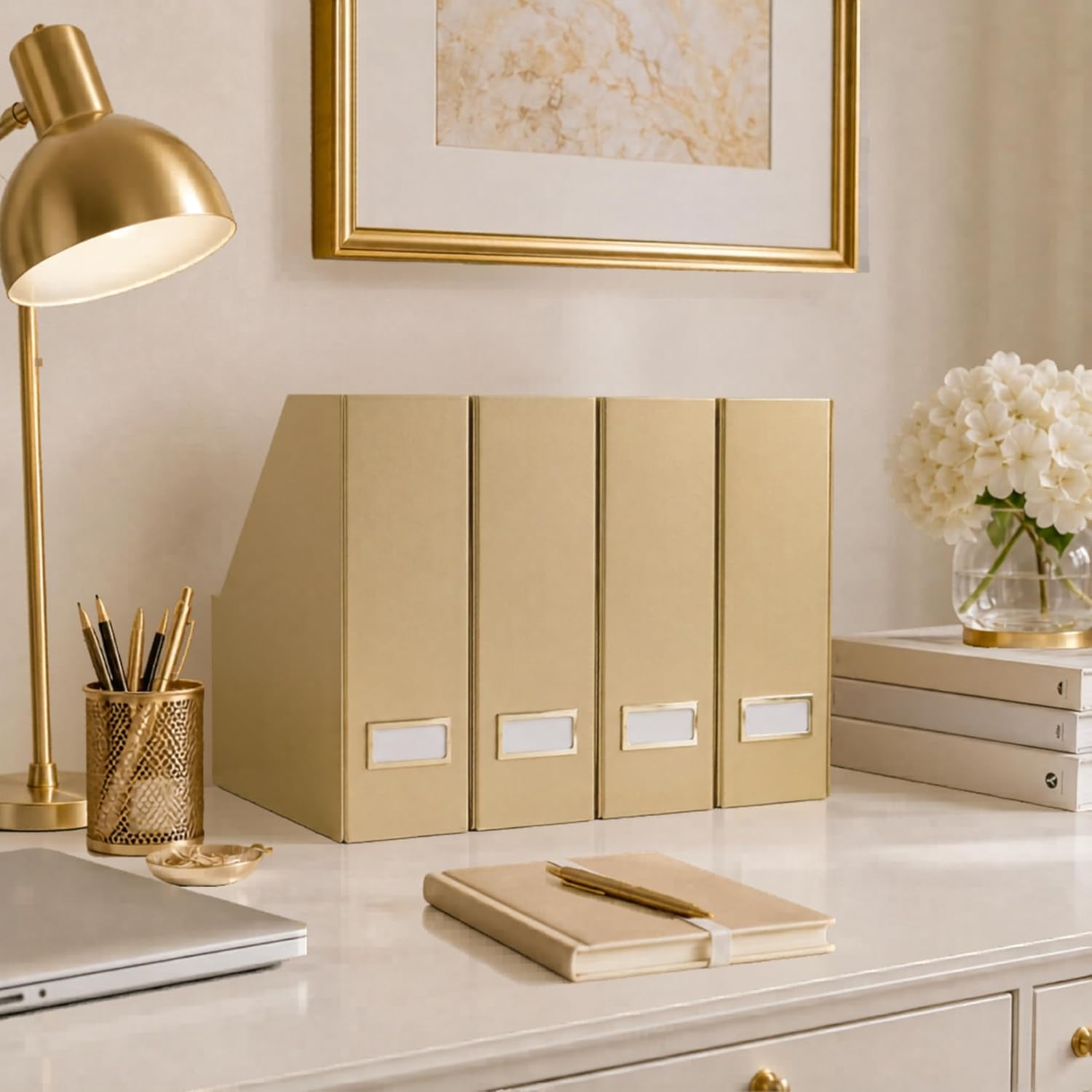 | Gold Cardboard Magazine File Holder Set of 4 | Vertical Magazine File Holder for Shelves | Standing File Holder Desk Organizer