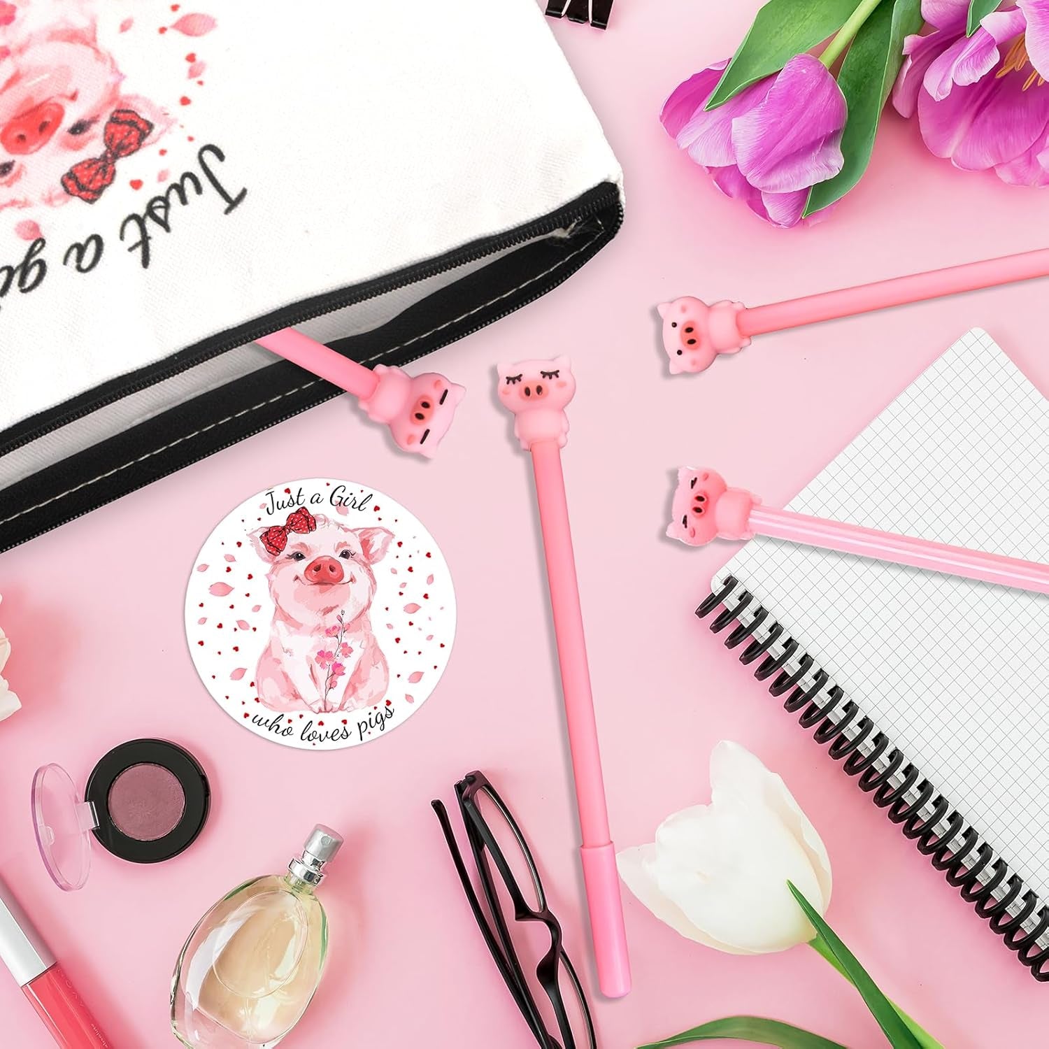 Pig Gifts for Pig Lovers, Travel  Portable Makeup Zipper Pouch, Cute Pig Socks, Pigs Writing Gel Ink Pen & Mini round Mirror, Christmas, Thanksgiving, Birthday Gifts for Girls Women