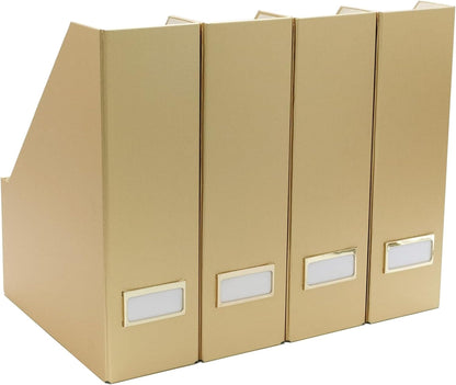 | Gold Cardboard Magazine File Holder Set of 4 | Vertical Magazine File Holder for Shelves | Standing File Holder Desk Organizer