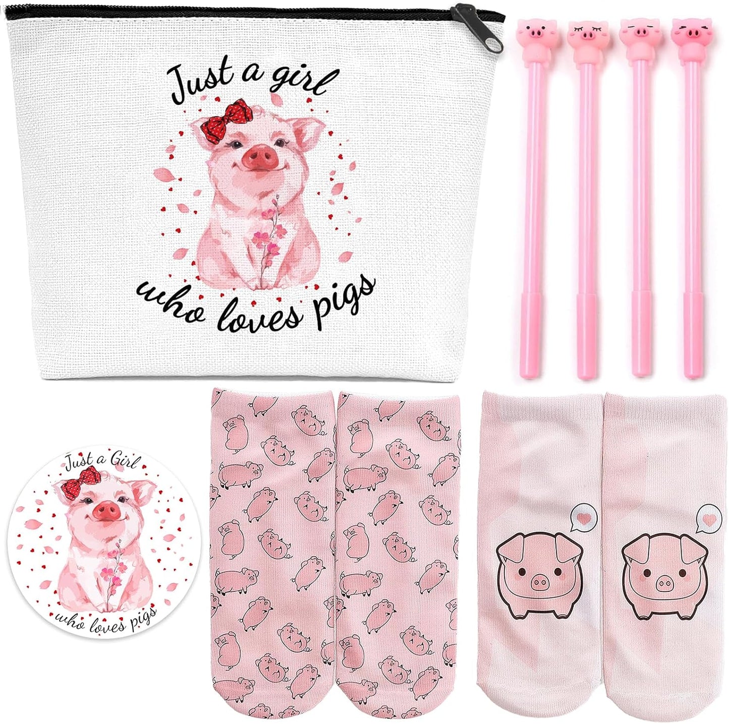 Pig Gifts for Pig Lovers, Travel  Portable Makeup Zipper Pouch, Cute Pig Socks, Pigs Writing Gel Ink Pen & Mini round Mirror, Christmas, Thanksgiving, Birthday Gifts for Girls Women