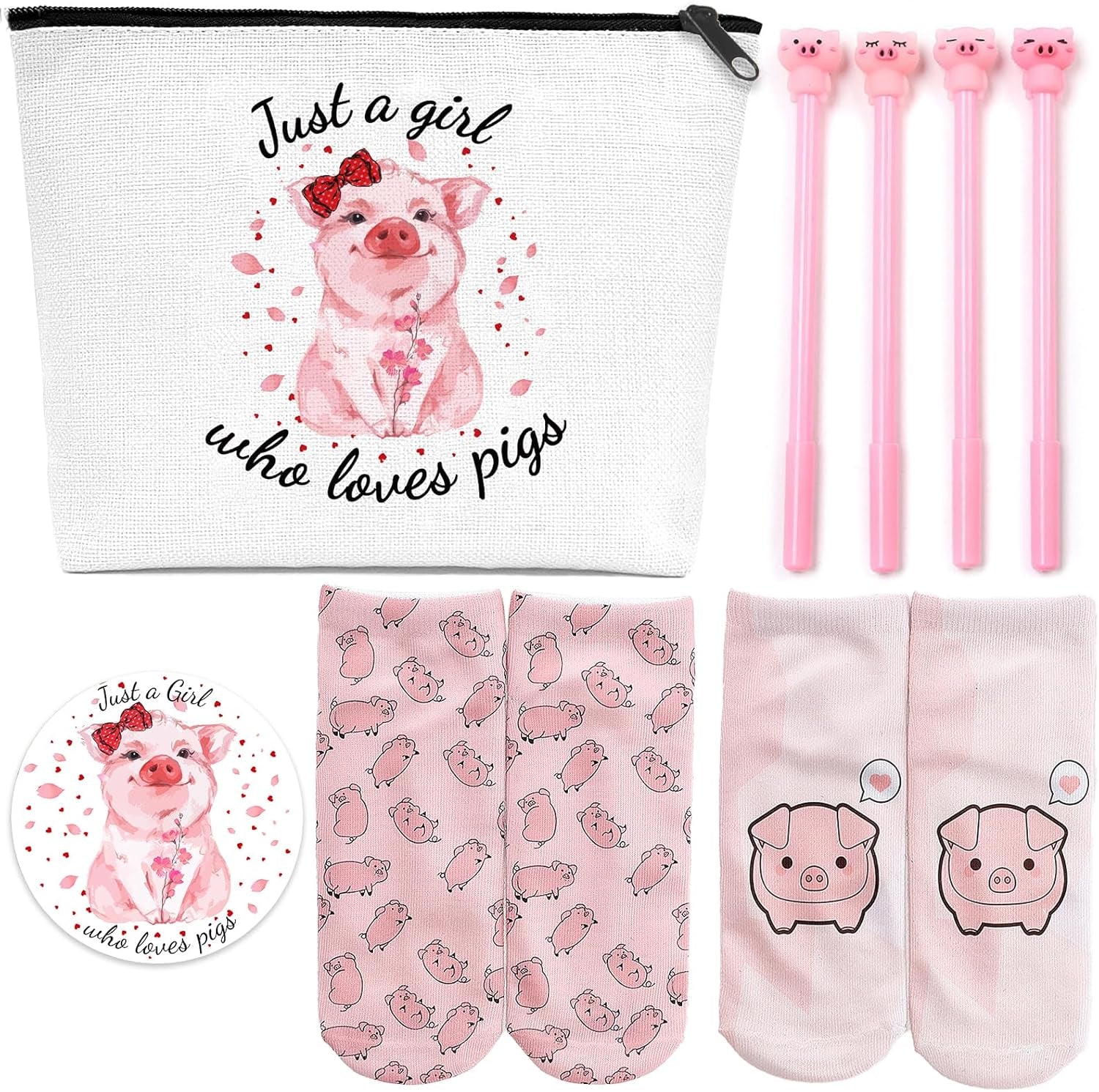 Pig Gifts for Pig Lovers, Travel  Portable Makeup Zipper Pouch, Cute Pig Socks, Pigs Writing Gel Ink Pen & Mini round Mirror, Christmas, Thanksgiving, Birthday Gifts for Girls Women