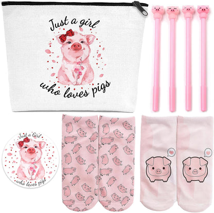 Pig Gifts for Pig Lovers, Travel  Portable Makeup Zipper Pouch, Cute Pig Socks, Pigs Writing Gel Ink Pen & Mini round Mirror, Christmas, Thanksgiving, Birthday Gifts for Girls Women