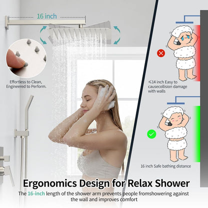 12 Inches Bathroom Luxury Rain Mixer Shower Combo Set Wall Mounted Rainfall Shower Head System Brushed Nickel Finish Shower Faucet Rough-In